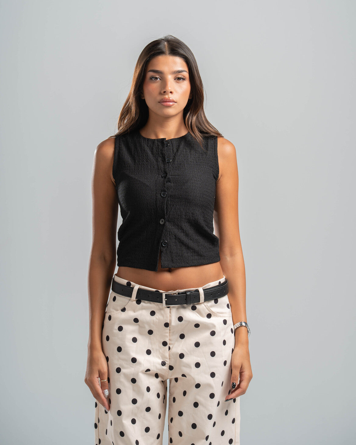 black Button-up Textured Top
