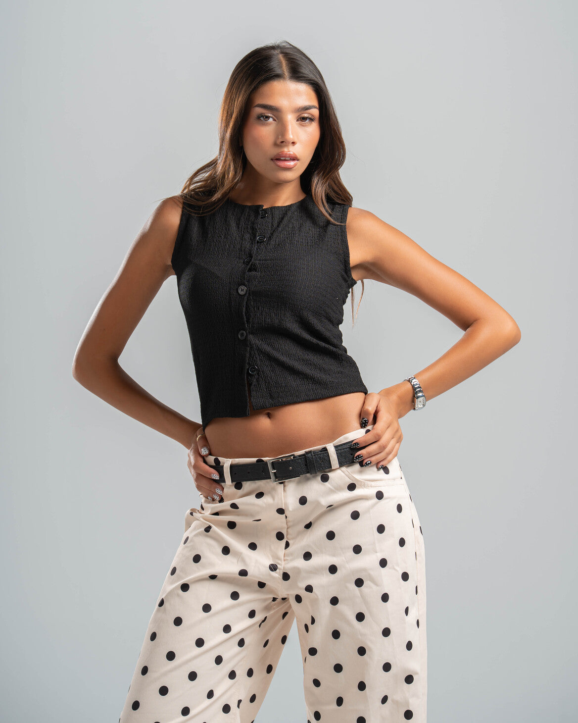 black Button-up Textured Top