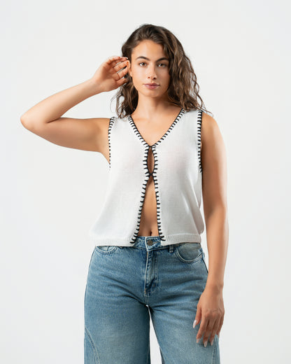 Stitched Knit Top in White
