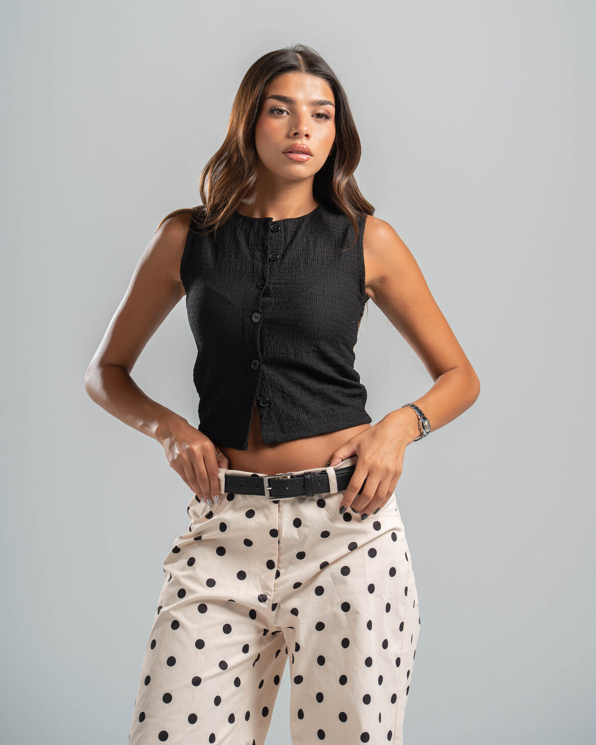 black Button-up Textured Top