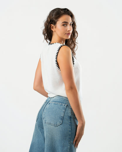 Stitched Knit Top in White