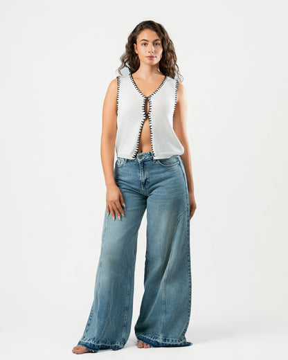 Stitched Knit Top in White