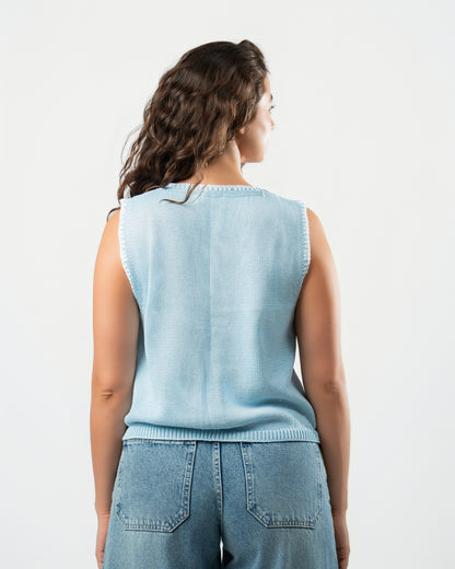 Stitched Knit Top in Sky Blue