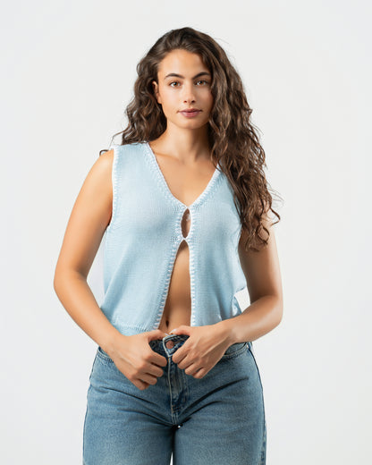 Stitched Knit Top in Sky Blue