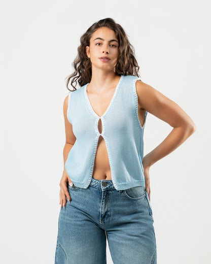 Stitched Knit Top in Sky Blue