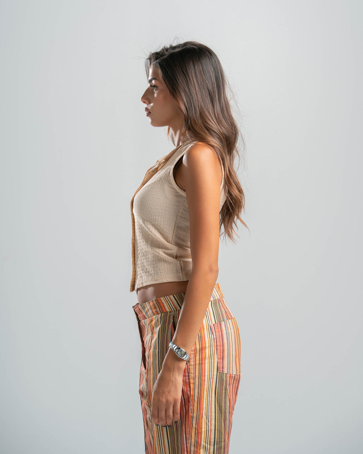 beige Button-up Textured Top