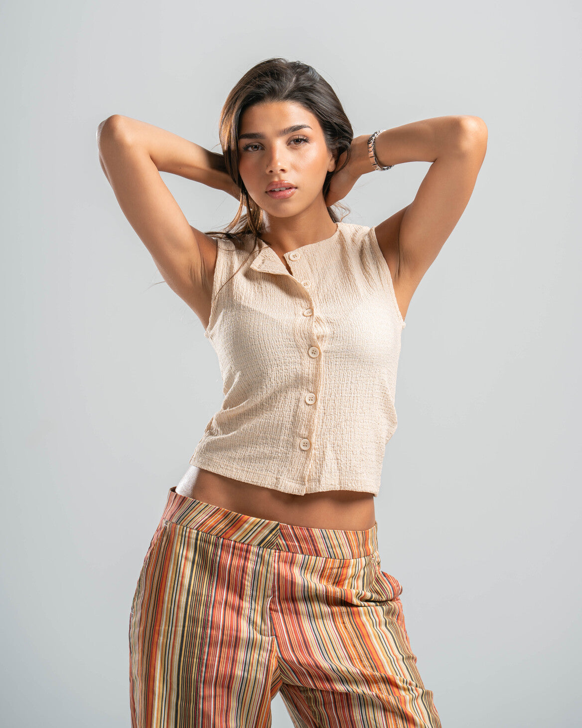beige Button-up Textured Top