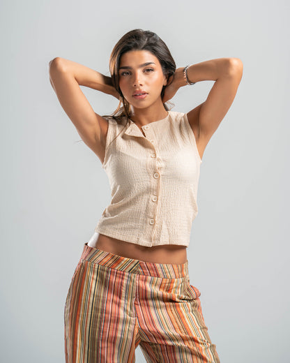 beige Button-up Textured Top