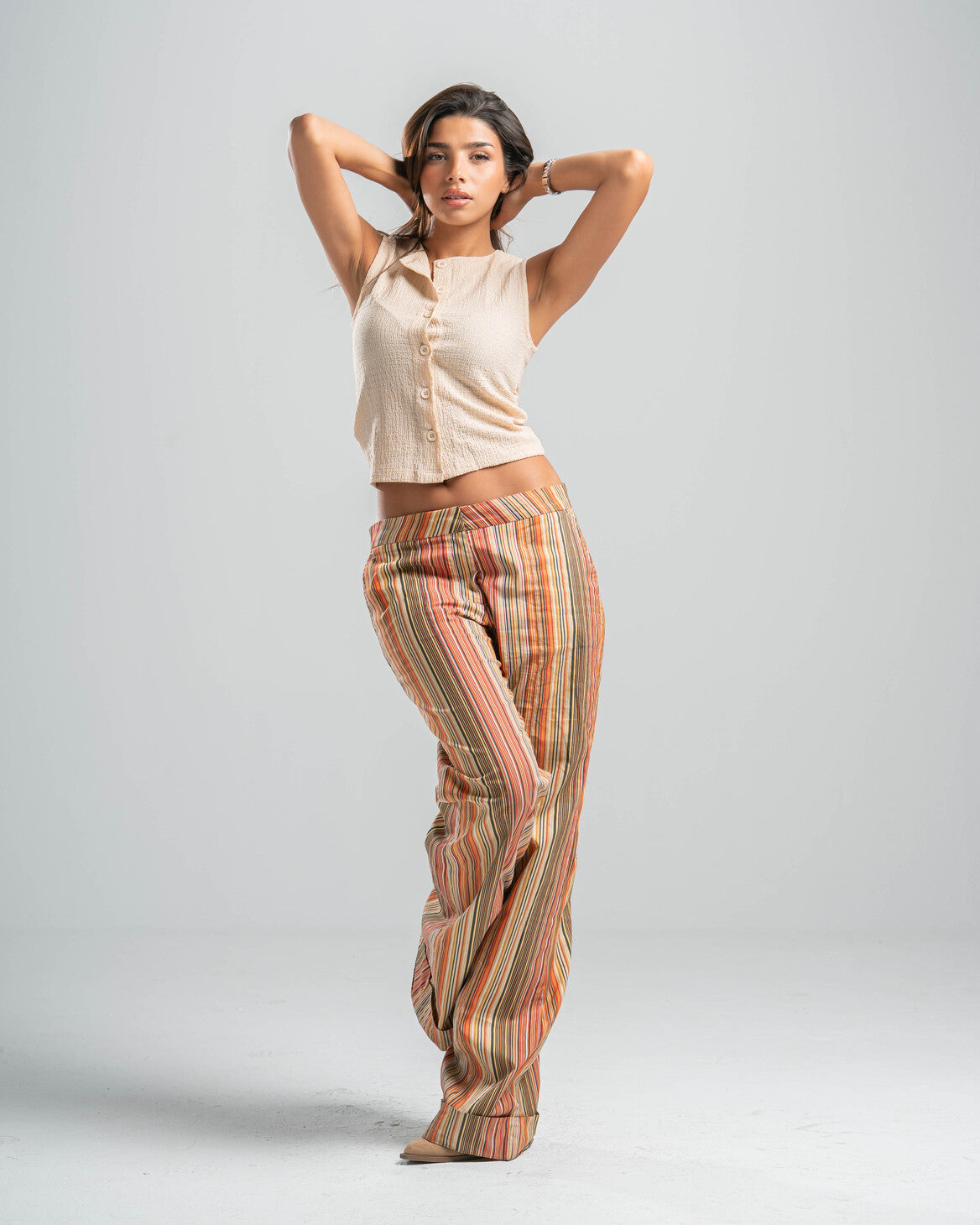 beige Button-up Textured Top