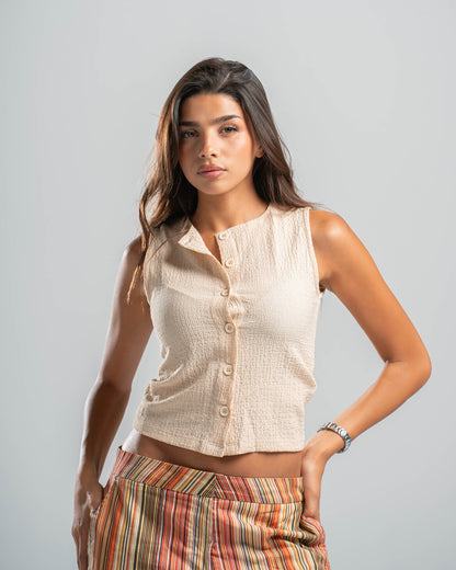 beige Button-up Textured Top