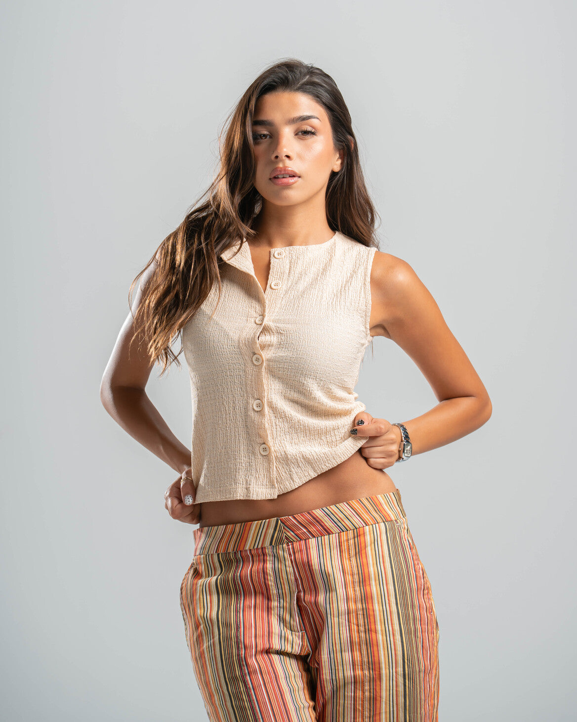 beige Button-up Textured Top