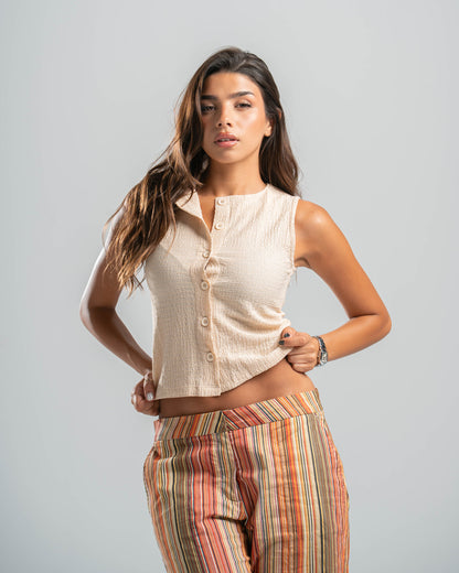 beige Button-up Textured Top