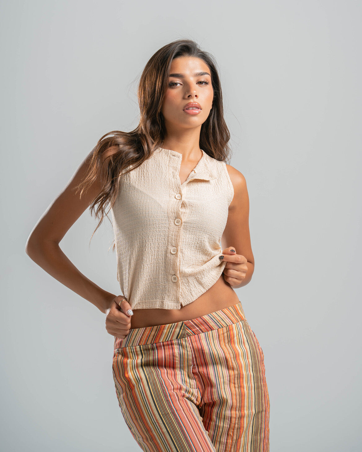 beige Button-up Textured Top