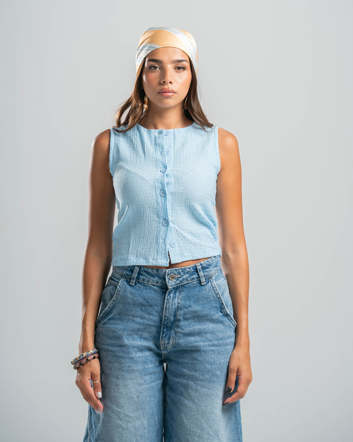 blue Button-up Textured Top