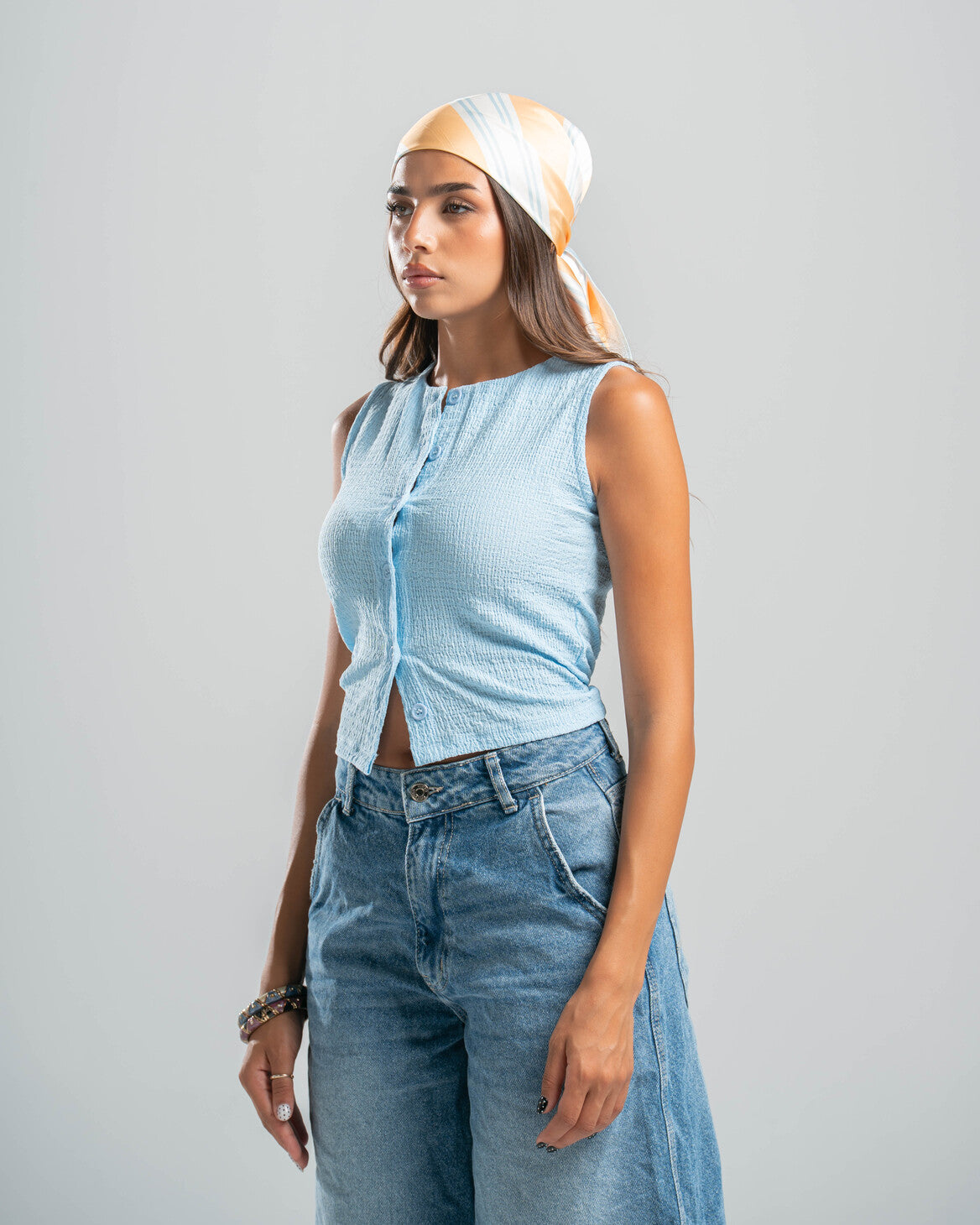 blue Button-up Textured Top