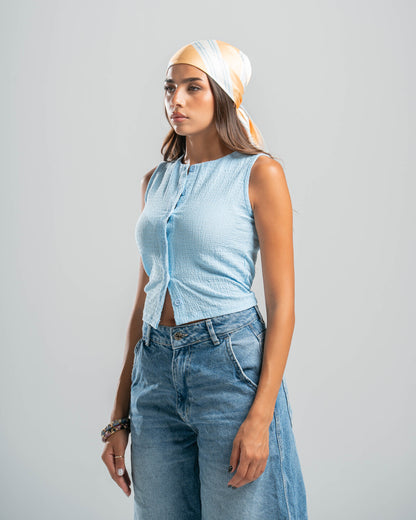 blue Button-up Textured Top