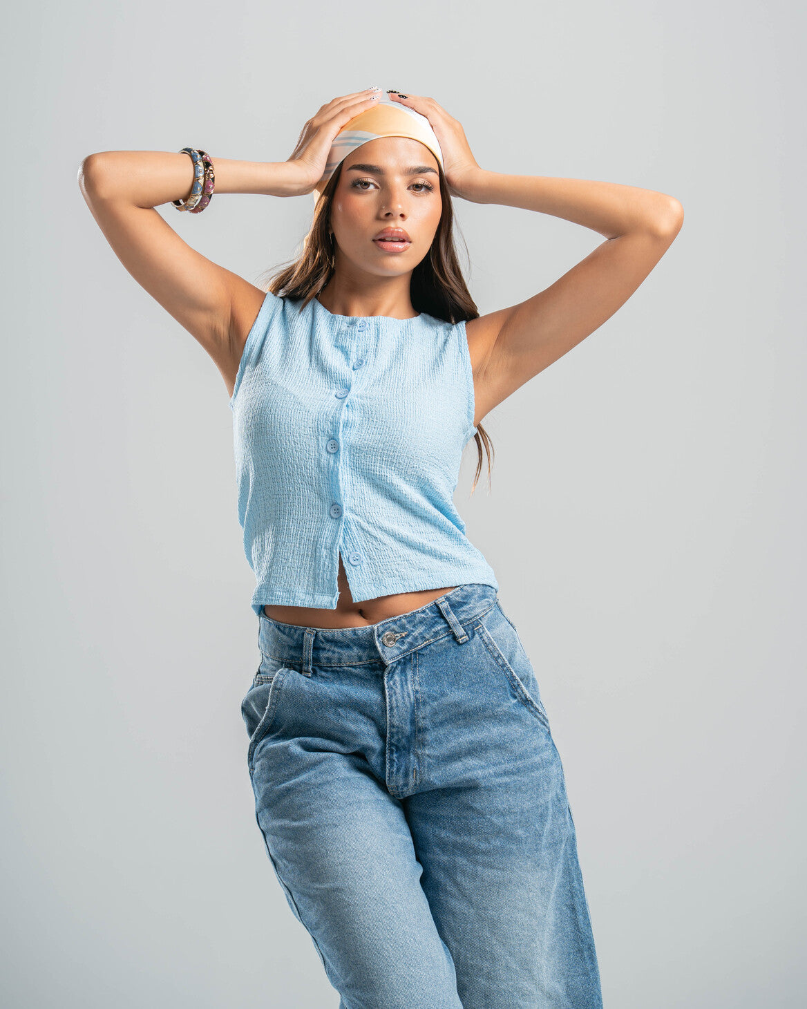 blue Button-up Textured Top