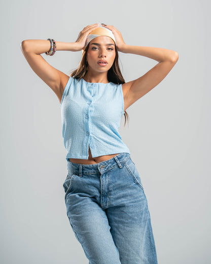 blue Button-up Textured Top
