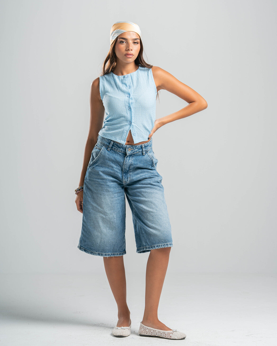 blue Button-up Textured Top