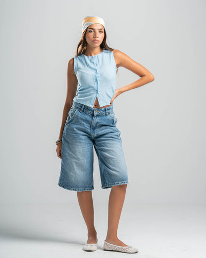 blue Button-up Textured Top