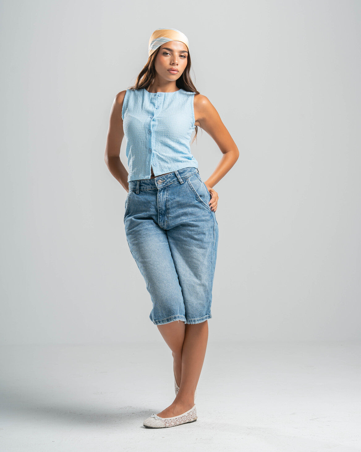 blue Button-up Textured Top