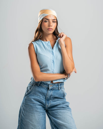 blue Button-up Textured Top