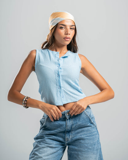 blue Button-up Textured Top