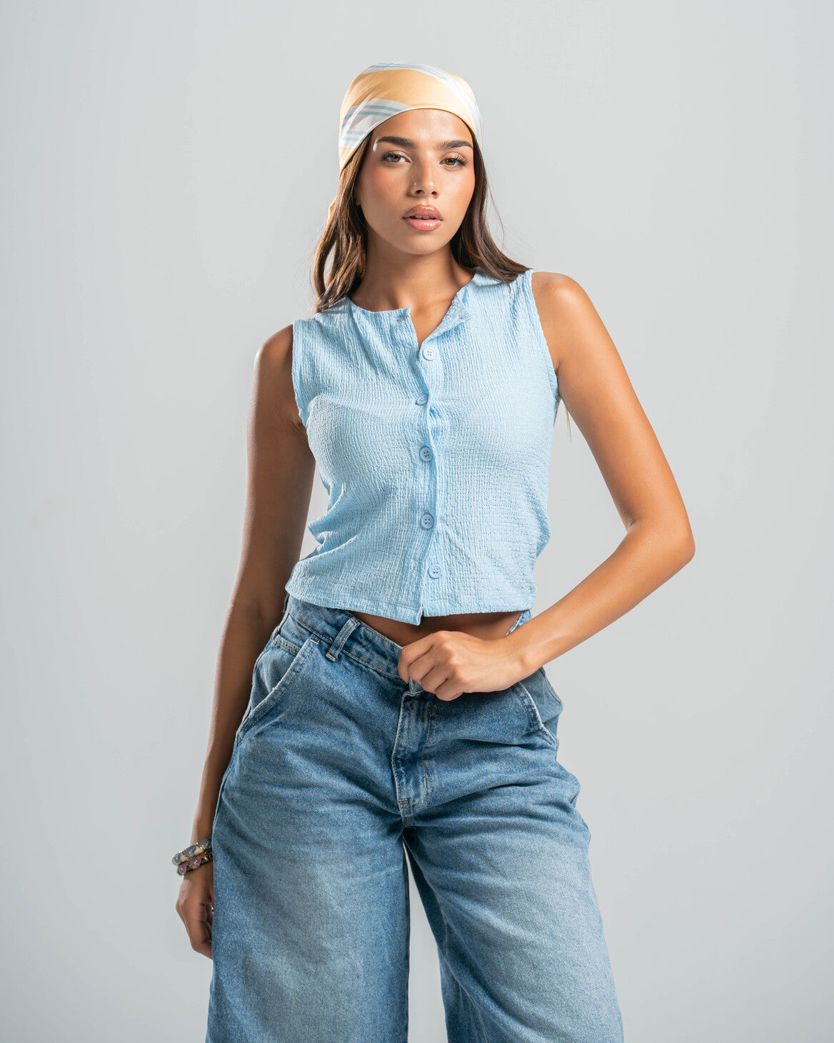 blue Button-up Textured Top