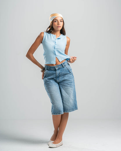 blue Button-up Textured Top