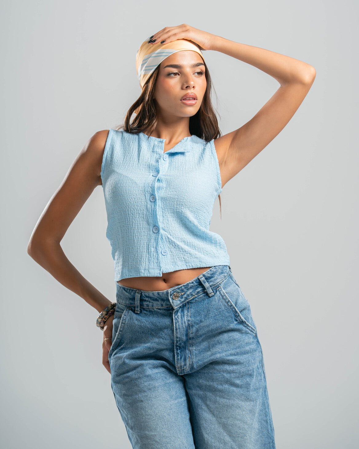 blue Button-up Textured Top