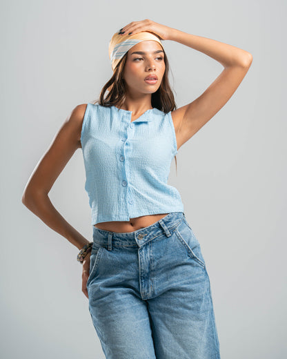 blue Button-up Textured Top