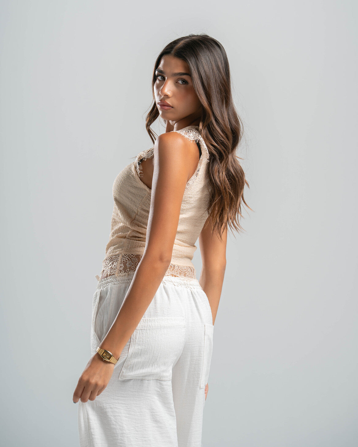Beige Lace Textured Top