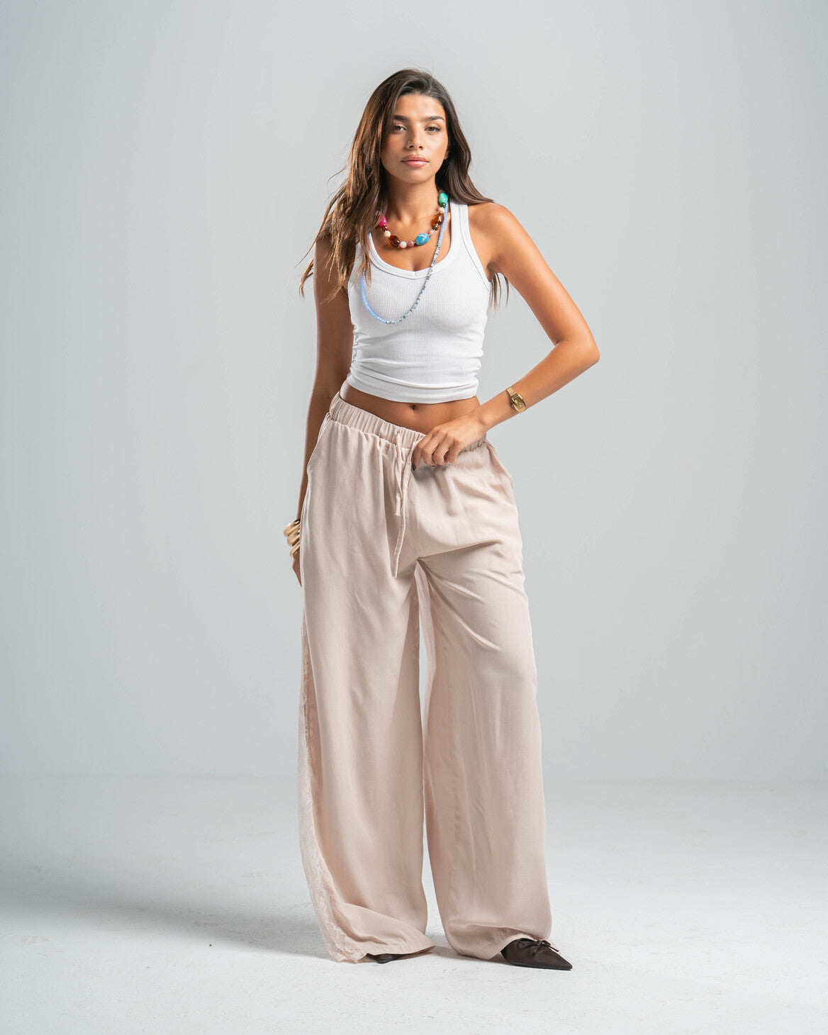 BEIGE LACE FLOW PANTS