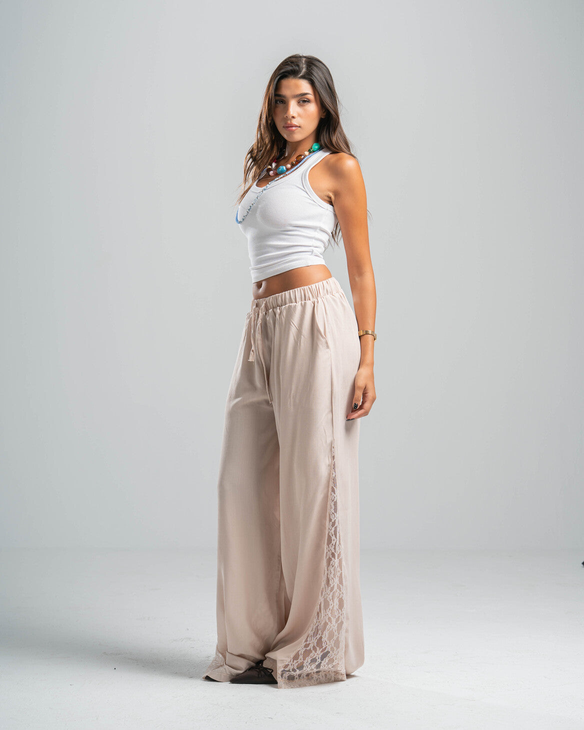 BEIGE LACE FLOW PANTS