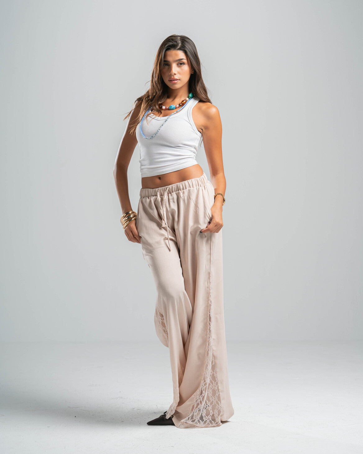 BEIGE LACE FLOW PANTS