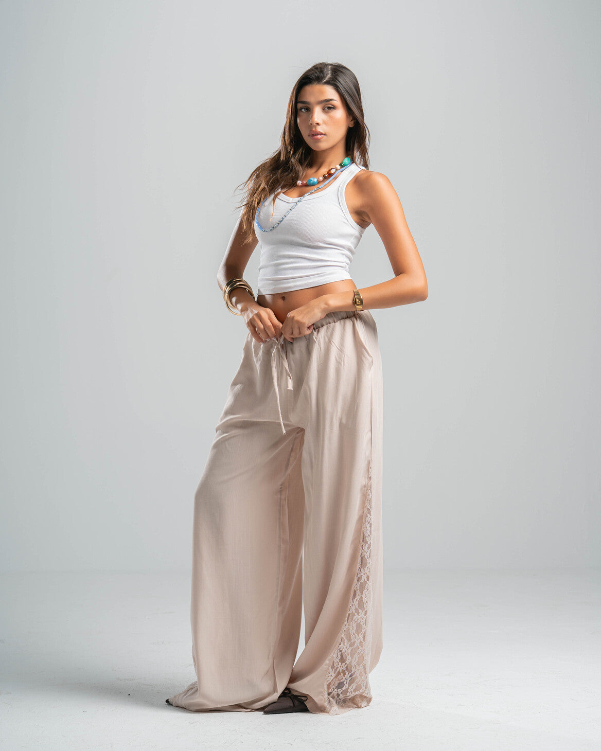 BEIGE LACE FLOW PANTS