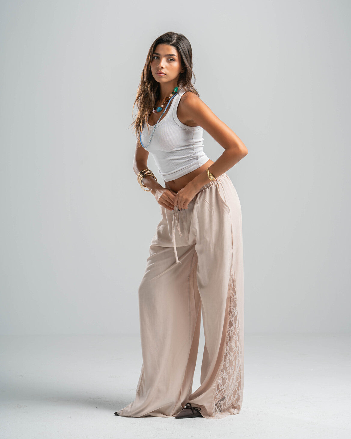 BEIGE LACE FLOW PANTS