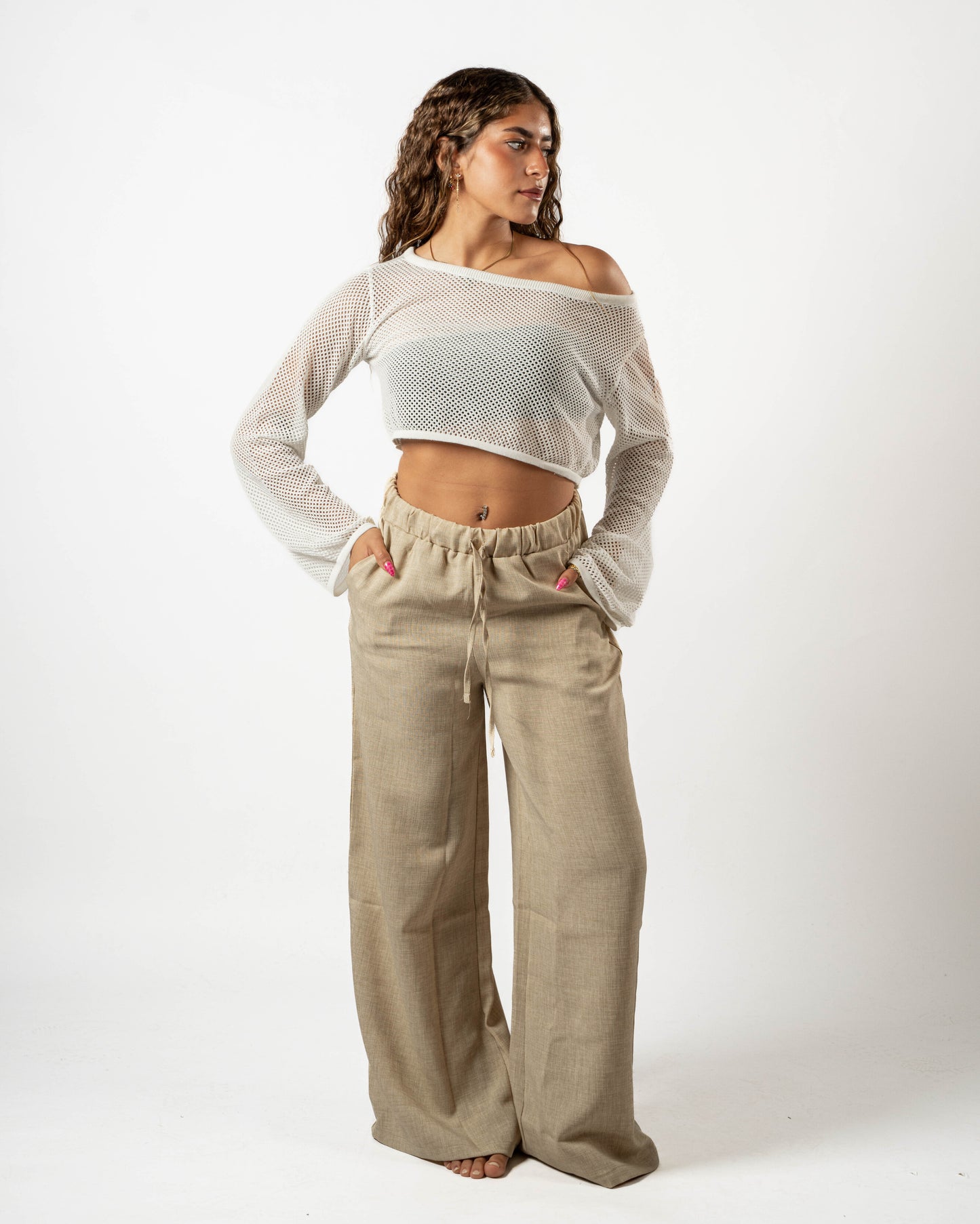 Beige Wide Leg Pants