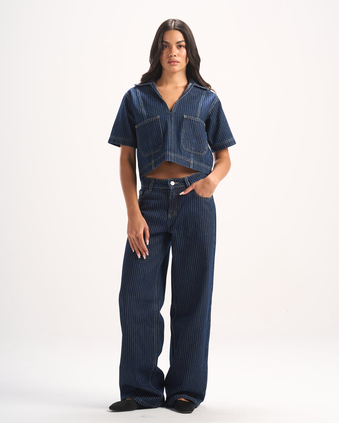 NAVY STRIPED DENIM PANTS