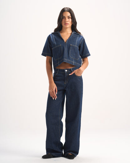 NAVY STRIPED DENIM PANTS