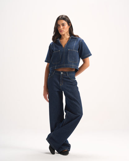 NAVY STRIPED DENIM PANTS