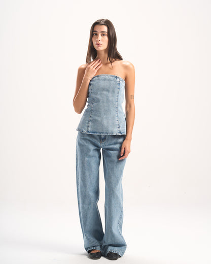 LIGHT BLUE STRIPED DENIM PANTS