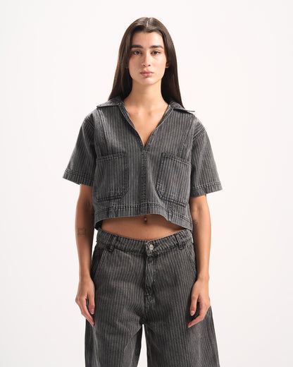 DARK GREY STRIPED DENIM POLO TOP