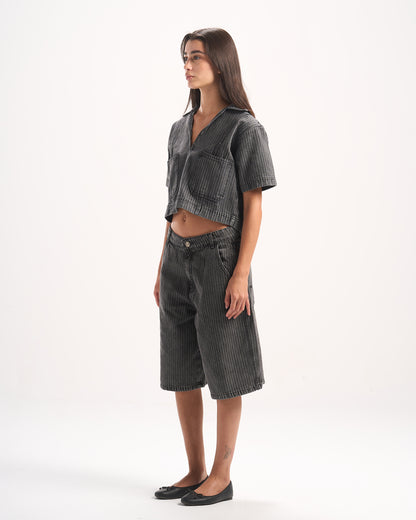 DARK GREY STRIPED DENIM POLO TOP