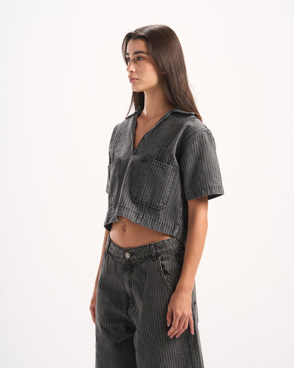 DARK GREY STRIPED DENIM POLO TOP