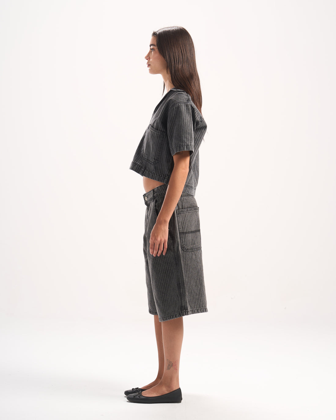 DARK GREY STRIPED DENIM POLO TOP