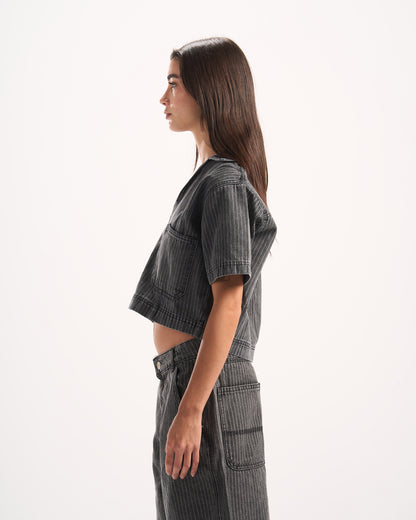 DARK GREY STRIPED DENIM POLO TOP