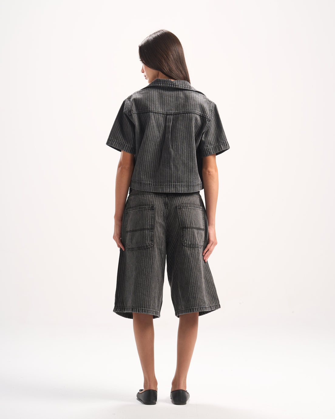 DARK GREY STRIPED DENIM POLO TOP