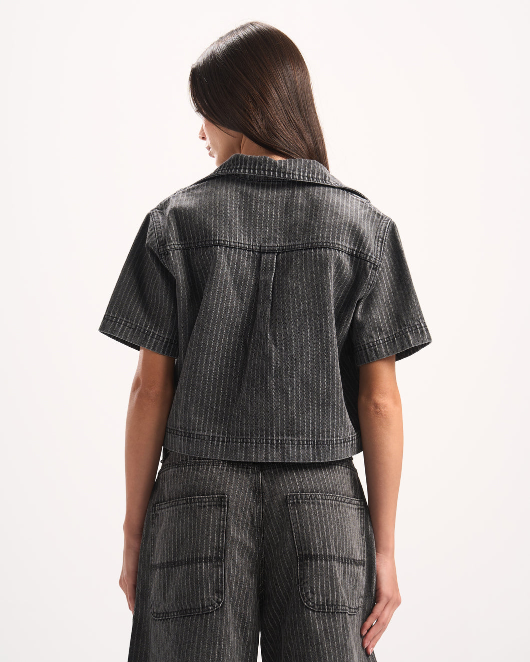 DARK GREY STRIPED DENIM POLO TOP