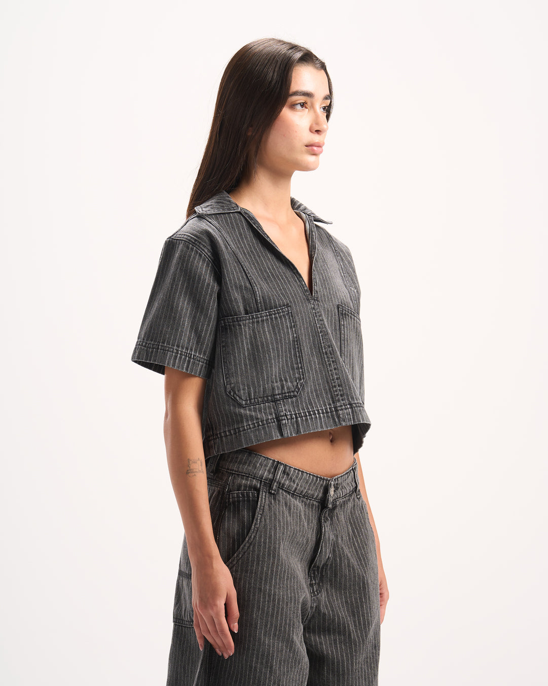 DARK GREY STRIPED DENIM POLO TOP